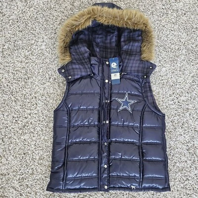 NWT Victoria Secret Pink NFL DALLAS COWBOYS  Fur Trim Hooded Puffer Vest  SZ M . - Image 1 of 4