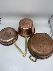 Vintage Copper Cookwear Set, 10" x 2.75" Pan, 10" x 6" Pot, 12.5" x 3" Pan Italy - Picture 1 of 24