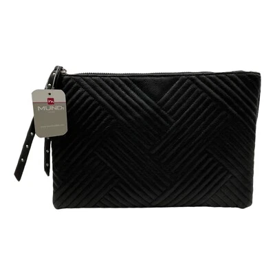 Mundi Clutch Bag Chevron Faux Leather Black Studded Zipper Pull 10.5" W x 7" H - Image 1 of 4