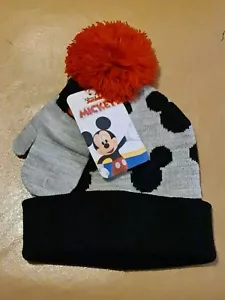 Disney Mickey Mouse Toddler Boys' Black Gray Red Hat & Mitten Set BRAND NEW - Picture 1 of 4