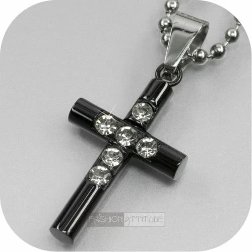 black cross pendant crystal stainless steel ball chain necklace small size Foto 1 de 1