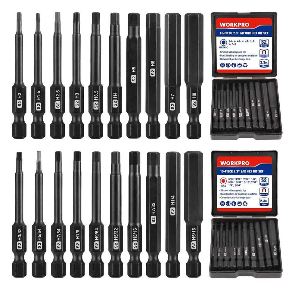 WORKPRO 20pcs Hex Head Allen Wrench Drill Bit Set Metric and SAE Hex Bits New - Image 1 of 4