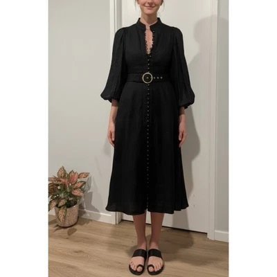 Zimmermann Dress Size 0 XS 8 / US 4 Classic Black Midi Linen Belted Puff Sleeve - image 1 of 4