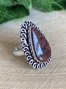 Mahogany Jasper Teardrop Ring Size P Sterling Silver 925 Plated Vintage Style - Picture 1 of 4