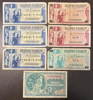 MILITARY PAYMENT CERTIFICATE. SERIES 692. 5c 10c 25c $1. WWII 7 Notes - Image 1 of 2