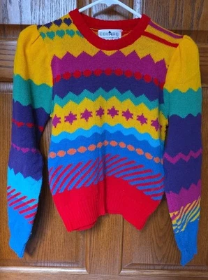 VTG Colorful Knit Sweater Collage Girls Sz L 80s Retro Long Sleeve 100% Acrylic  - Image 1 of 3