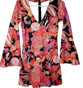 Leg Avenue V Neck Long Sleeve Floral Mini Dress S M Bell Sleeve Mod Hippie - Picture 1 of 10