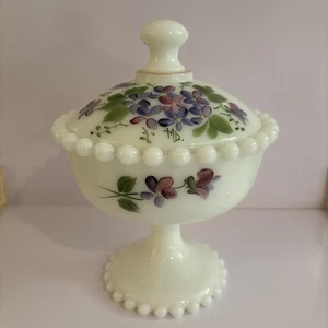 Candlewick Milk Glass Covered Candy Dish Compote Hand Painted Florals - Picture 1 of 6
