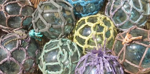 Japanese Glass Fishing FLOATS 3" Netted LOT-9 Net Buoy Authentic Vintage! USA BZ - Picture 1 of 11