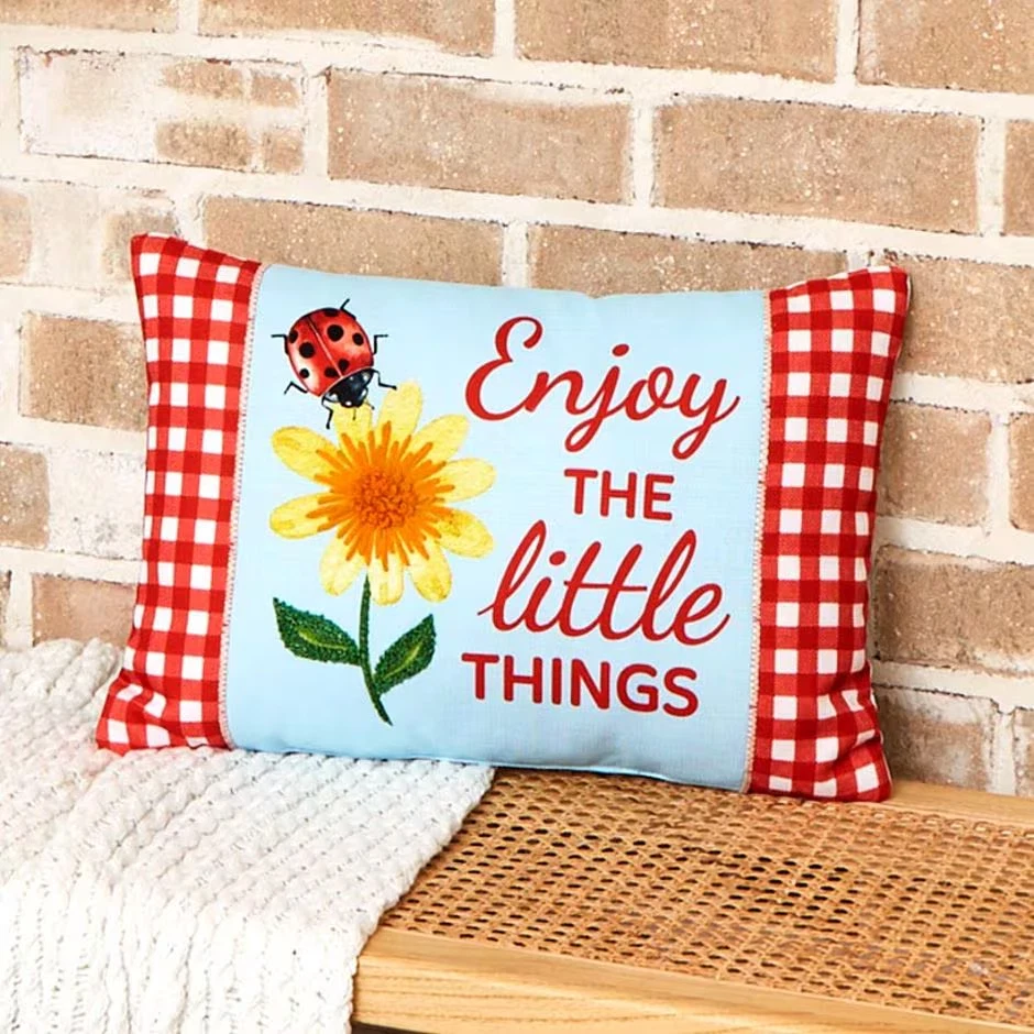 Vibrant Summer Ladybug Decorative Pillows Gingham Embroidered Sunflower Pillows - Image 1 of 1