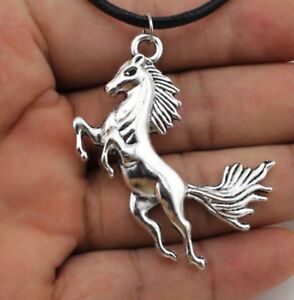 Silver Tone Horse Pendant & 17+3" Leather Cord Long Link Chain Necklace slv P14