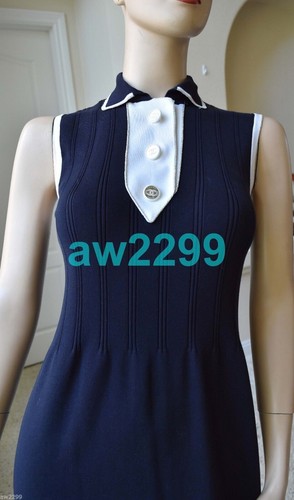 ABITO IN MAGLIA CHANEL 08C NUOVO AUTENTICO TAGLIO A CONTRASTO 40 BLU NAVY & BIANCO & ARGENTO