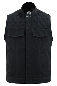 Sons of Anarchy Style Black Denim Vest Gilet Waistcoat Diamond Quilted Stitch - Picture 1 of 12