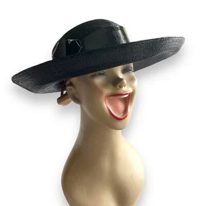 Vintage Black Straw Platter Hat Shiny Patent Leather Ladies Wide Brim 1980’s Bow - Picture 1 of 15