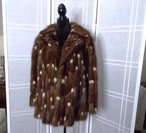 Vtg Light & Dark Honey Brown W/White Spots Ribbed Mink Fur Short Jacket Coat S/M - Picture 1 of 12