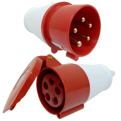 16 Amp 5 Pin Plug and Coupler 3 Phase 400V Weatherproof IP44 Red 16A Industrial - Image 1 of 4