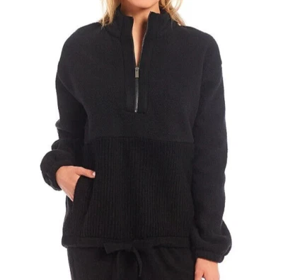 全新带标签 Splendid $158 实心黑色羊毛/毛衣针织 1/4 拉链套衫夹克上衣 XL — 第 1/2 张图片