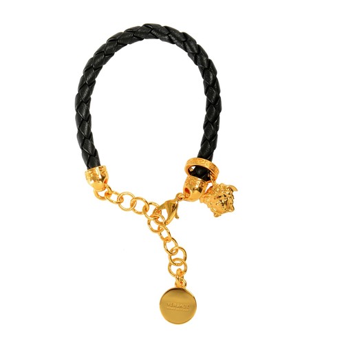 Bracciale Versace Nero Pelle Intrecciata Colore Oro Testa di Medusa Charm Regolabile