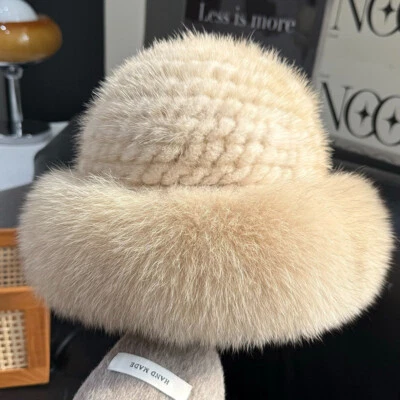 Sombrero de piel de visón real para mujer Gorra tejida Sombrero de bombín Sombrero de copa Gorros con ala de piel de zorro Foto 1 de 4