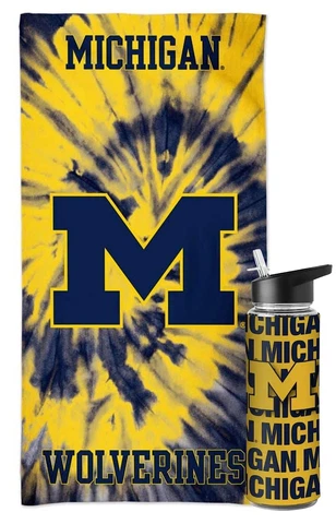 Collegiate Fan Bundle Water Bottle Beach Towel (Michigan Wolverines Tie Dye) Cover