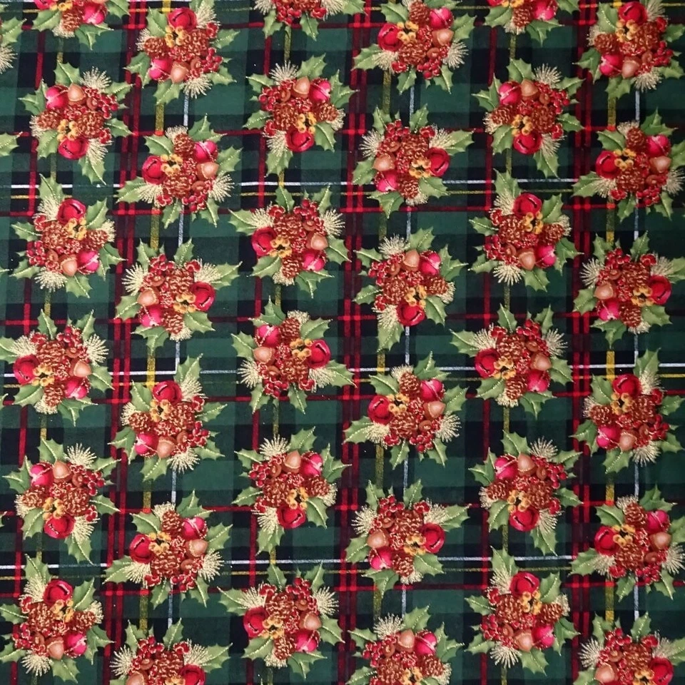 Christmas Fabric Traditions - Metallic Bell Bouquet Printed Plaid - Cotton YARD - Image 1 of 1