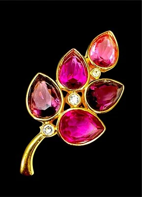  Broche SWAROVSKI 18K GP FUCSIA ROSA AMATISTA CRISTAL ESTRÁS HOJA FLORAL Foto 1 de 4