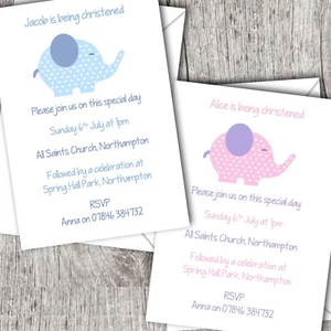 Personalised Christening Invitations - Baptism/Communion/Boy/Girl (Elephant) - Picture 1 of 3