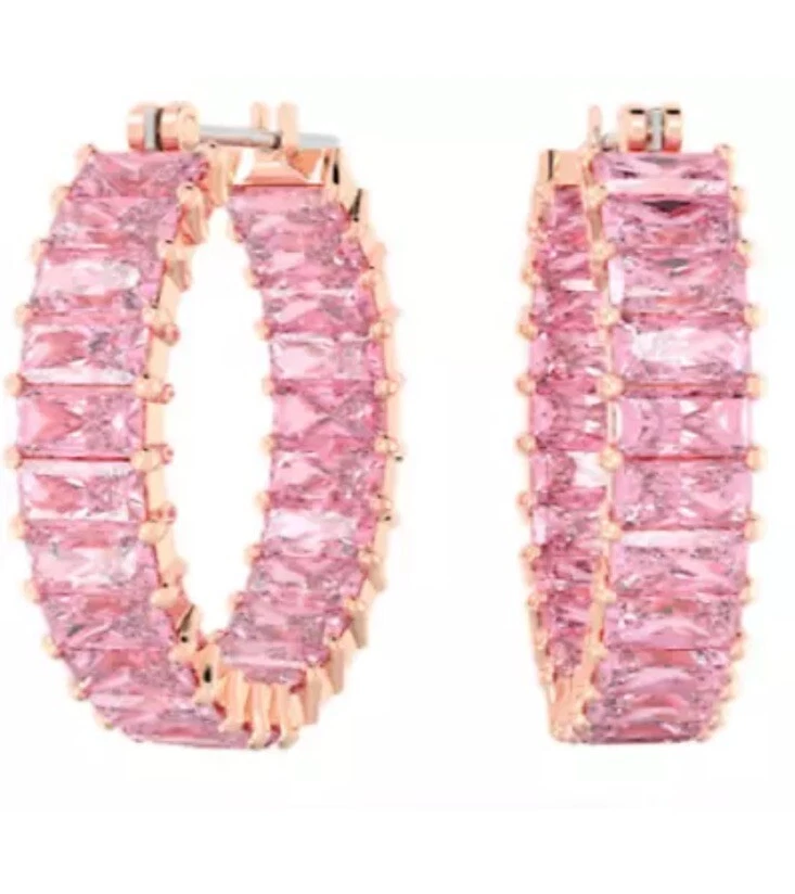 Swarovski Matrix Hoop Earrings Baguette Cut Pink Rose Gold-Tone Plated 5657726