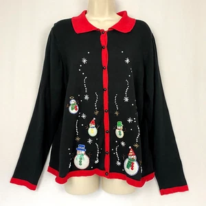 Vintage Christmas Cardigan Sweater XL Women Reference Point Snowman Winter Black - Picture 1 of 12