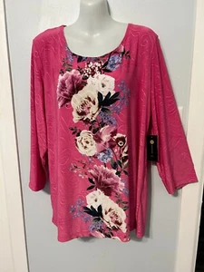 NWT JM Collection Berry Combo Floral Textured Top with 3/4 Sleeve Plus Size 1X - Picture 1 of 3