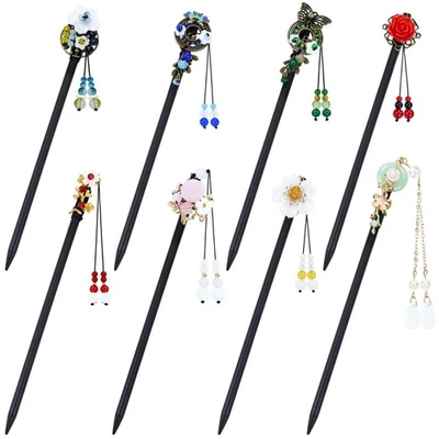 8 Pack Wooden Hair Sticks Wood Chinese Hair Pins with Tassel Dangle Crystal B... - Image 1 of 4