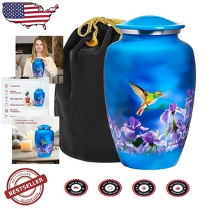 Urna Cremazione Decorativa Adulto Grande, Blu Lucido Colibrì Alluminio Sepoltura - Foto 1 di 9