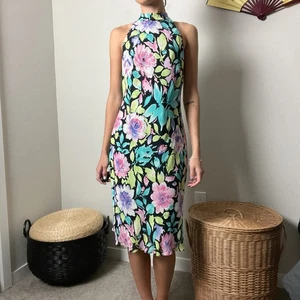 Vintage 90er schwarz Blumen edel hochgeschlossen Neck Neckholder Träger Rücken Midikleid  - Bild 1 von 10
