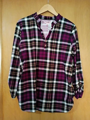 Feathers Maternity Plaid Top Size M, Henley Style Side And Sleeve Ruching - Image 1 of 4