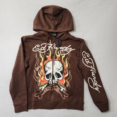 Ed Hardy Hoodie Mens Medium Brown Skull Flames Skater Grunge Y2k Full Zip Tattoo - Image 1 of 4