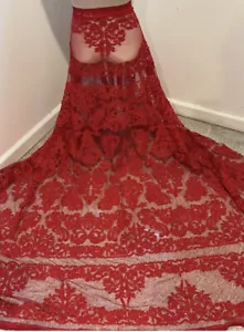 Red Corded Embroidery Sequins Beads Bridal Lace Fabric 50” Width 1 Yard - Picture 1 of 11