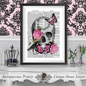 Póster de cráneo y rosas talla A3 estilo diccionario. Arte de pared rosa cuervo gótico - Imagen 1 de 3
