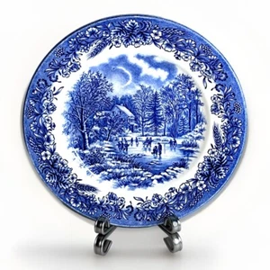 CURRIER & IVES EARLY WINTER Blue 9” Salad Dessert Plate Churchill England - Picture 1 of 5