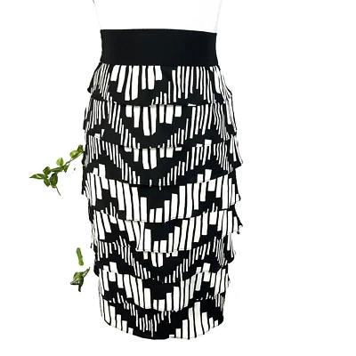 Alfani Skirt size 2 Black Ivory Tiered Layers Pencil Knee Modest Church Wedding - Image 1 of 4