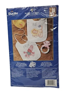 Bucilla Baby Cross Stitch Bibs 43223 Kit Bib Pair Jungle Babies Set 2 NOS SEALED - Picture 1 of 5