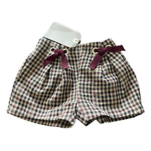 NEW Zara Toddler Girls Tweed Plaid Check Bow Shorts Tan Burgandy  12-18 12 18 M