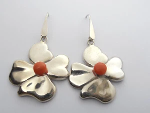 Pendientes Colgantes con Flores de Plata 925 Y Coral Rojo Natural, - Picture 1 of 8