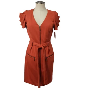 NWT Jessica Simpson Dress Pleated Sleeve Belted Rusty Orange Pockets Front Zip 6 - Picture 1 of 18