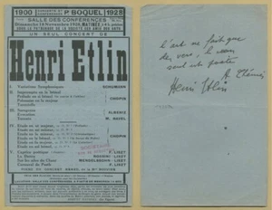 Henri Etlin (1886-1951) - French pianist - Rare signed program + Poem - 1928 - Picture 1 of 3