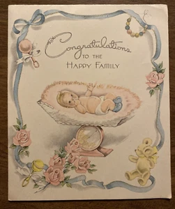 Tarjeta de felicitación de felicitación recién nacido vintage de los años 40 escala P4c - Imagen 1 de 14