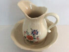 Vintage McCoy Pitcher /Bowl Set Basin Ivory Embossed Oriental Flowers vase bowl