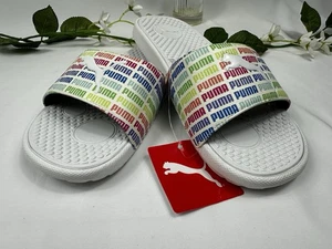 Puma Cool Cat Echo Slides Womens 10 White Logo Slip-on Sandals - Picture 1 of 5