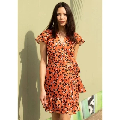 ModCloth Hutch Women's Party Prowl Wrap Mini Dress Size S Orange Leopard NWOT - Image 1 of 4