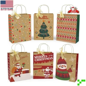 24 Pcs Christmas Gift Bags 6 Assorted Kraft Paper Holiday Party Favor Wrapping - Picture 1 of 8