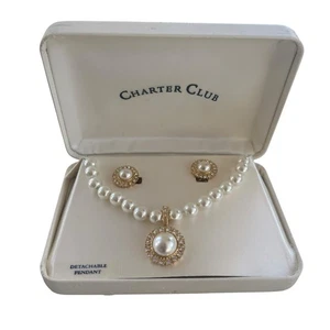 Pendientes colgantes y collar Charter Club con clip de cristal perla tono plata - Imagen 1 de 8